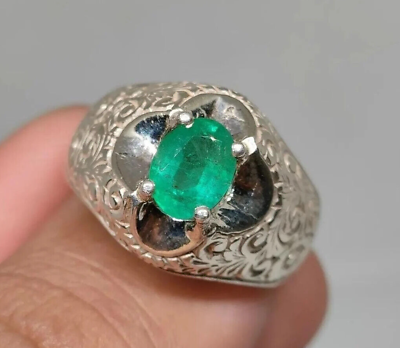 #ad Natural Vivid Green Emerald Mens Ring Sterling Silver 925 Ring Hand Art Crafted $620.00