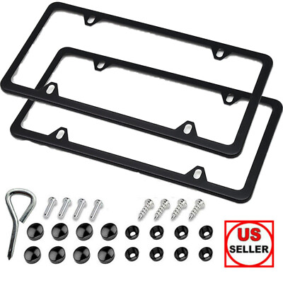 #ad 2Pcs Black Stainless Steel Metal License Plate Frame Tag Cover Screw Caps $7.99