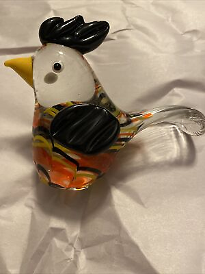 #ad Glass Rooster Chicken Figurine Black Orange And Yellow Animal Blown Heavy $15.00