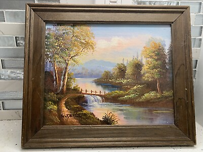 #ad OIL ON CANVAS BRIDGE RIVER SUNSET TREES MOUNTAIN CREEK LANDSCAPE PAINTING SIGNED $45.00