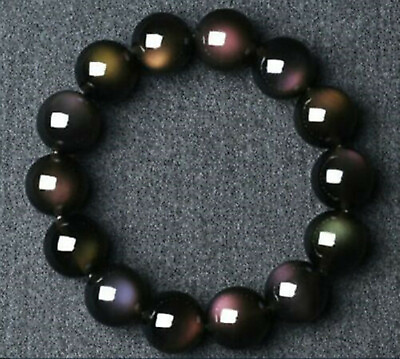 #ad 12mm Natural Black Obsidian Rainbow Gemstone Round Beads Stretch Bracelet AAAA $5.98