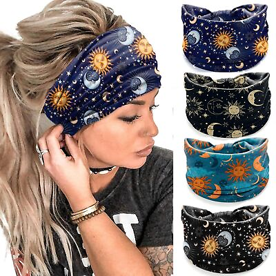 #ad Women Headbands Stars Moon Wide Knotted Headband Non Slip Wraps Elastic Yoga ... $18.47