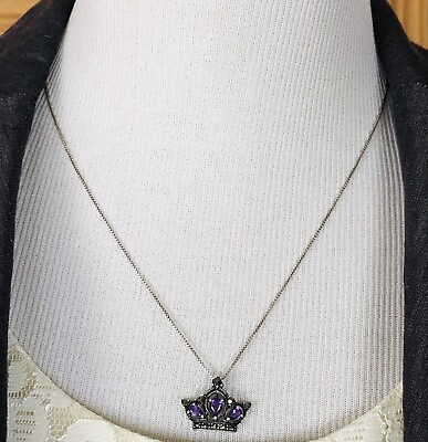 #ad 925 Sterling Necklace 20” Crown Pendant 0.75tcwAmethyst Marcasite Box Chain 4.5g $38.00
