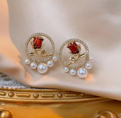 #ad #ad Korean Tulip Crystal Pearl Flower Earrings Ear Stud Women Wedding Jewelry Gift $6.55