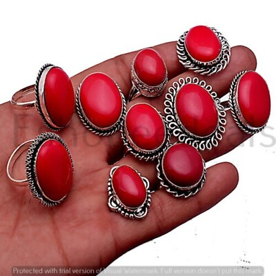 #ad 10 Pieces Red Coral Silver Plated Rings Wholesale Lot Loose Gemstone $22.99