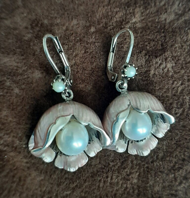 #ad Bloom Earrings Art Nouveau Style Pearl Enamel 925er Silver Unique Jewelry New $290.79