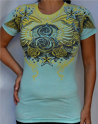 #ad Sinful by Affliction SABARIA Woman#x27;s Short Sleeve Tee Shirt S2171 Turquoise $49.00