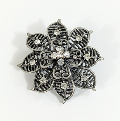 #ad Flower Shaped Pewter Rhinestone Brooch Modern Floral Icy Sparkle Pin Gray Metal $14.99