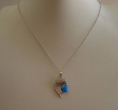 #ad 925 STERLING SILVER DOLPHIN PENDANT NECKLACE W BLUE OPAL amp; ACCENTS 18#x27;#x27;CHAIN $45.31