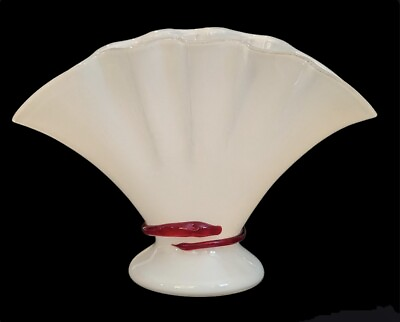 #ad Steinwald Kralik Glass Fan Vase White Fluted w Red Serpent Marked 1932 Vintage $64.99