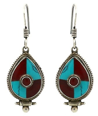 #ad Natural Tribal Gemstone Turquoise Coral Earring Solid925 Sterling Silver Jewelry $42.70