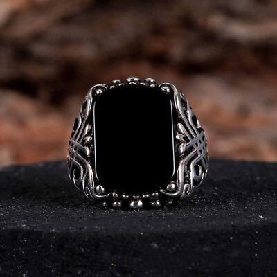#ad 100% Original 925 Silver Sterling With Natural Rectangle Black Onyx Men#x27;s Ring $39.50