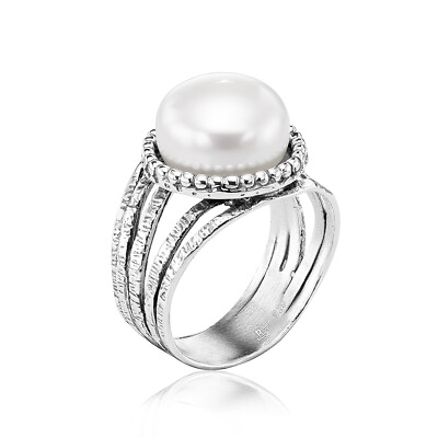 #ad 925 Sterling Silver Ring Fresh Water Pearl Multi Textured Wire Jewelry Women $49.00