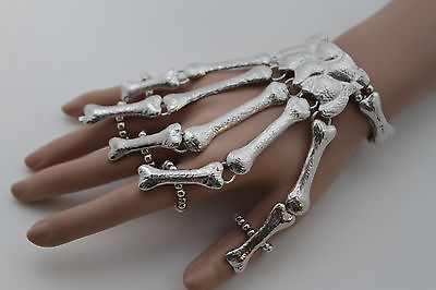 #ad Sexy Women Silver One Size Bracelet Metal Hand Chain Ring Skeleton Bones Skull $16.99