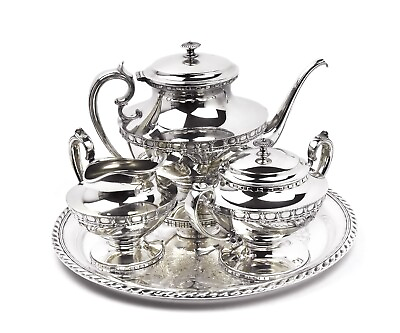 #ad Silver Plate 4 Piece Tea Coffee Set by King Silver Co on Serving Tray SLV283 $59.95