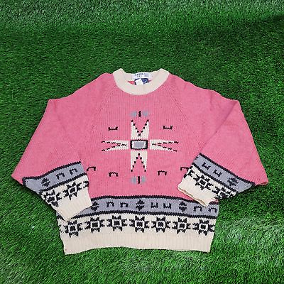 #ad Vintage 90s Woolrich Nordic Wool Raglan Knit Sweater Women Large Pink White Blue $59.25