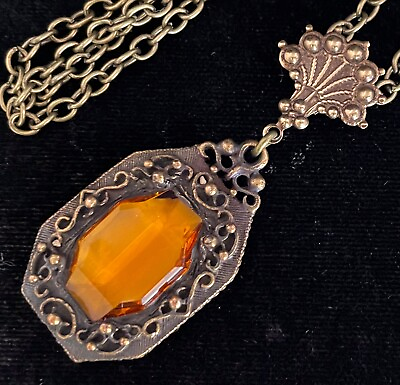 #ad Vintage Necklace Etruscan Style Lavalier Pendant Antique Amber Czech Glass $28.00