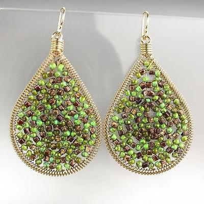 CHIC Artisanal Green Brown Turquoise Beads Gold Chandelier Earrings $15.19