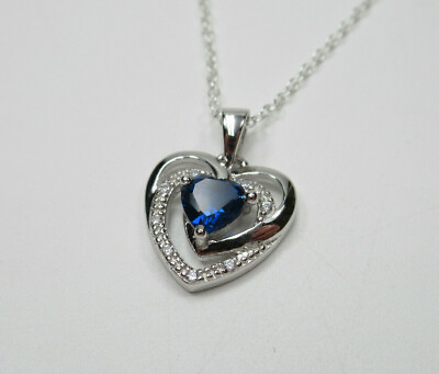 #ad Deep Blue CZ Open Heart Pendant 925 Sterling Silver September Birthstone $20.29