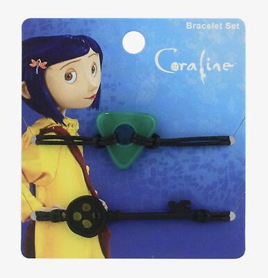 #ad Coraline Black Key And Green Seeing Stone BFF Best Friend Cord Bracelet Set $16.62