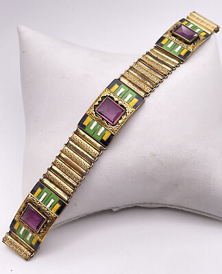 #ad Amazing Antique Ladies Multi Color Enamel Panel Bracelet With Stones $199.95