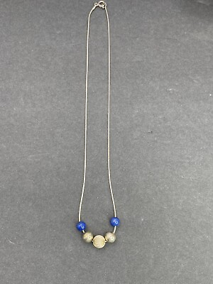 #ad 925 Sterling silver Charms necklace Chain beads jewelry fashion 16” Blue $9.99