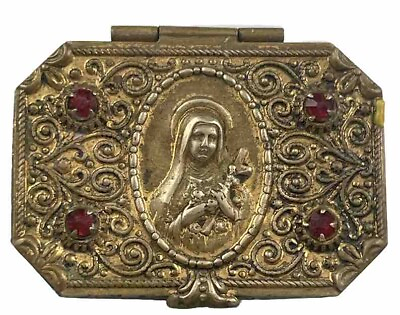 #ad Vintage Catholic St Theresa De Lisieux Gold Tone Bejeweled Rosary Keeper Box $49.99