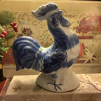 #ad Blue amp; White Standing Rooster 7.75”H x 6”W Matte Finish Hand Painted Beautiful $39.99