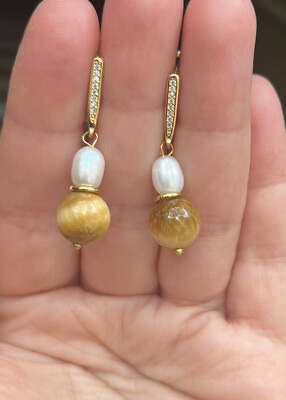 #ad Magic Modern Real Pearl And cat eye Stone Earrings Handmade $26.00