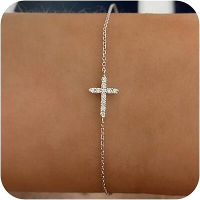 #ad Silver Cubic Zirconia Cross Bracelet Healing and Delicate Jewelry for Women $36.85