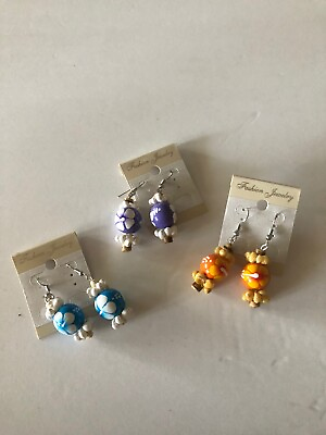 #ad 3 Pair Hawaiian Earrings Pineapple Shells Blue Purple Orange . Pierced $20.00