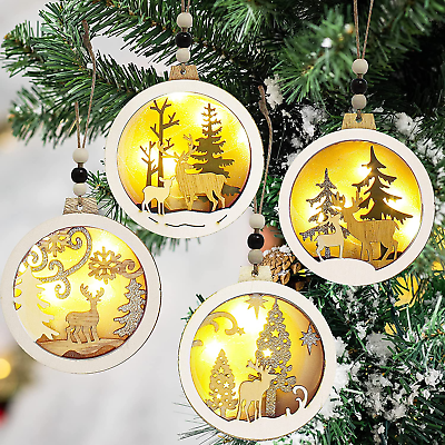 #ad 4 Pcs LED Wooden Christmas Ornaments Hanging Reindeer Ornaments for Indoor Outdo $32.33