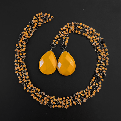 #ad Wood Bead Faceted Teardrop Mustard Yellow Orange Jasper? Lariat Chain Necklace $18.99