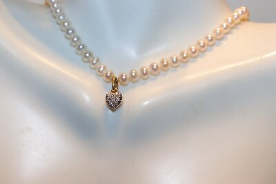 #ad 18k Heart Diamond Drop Pendant w 15quot; Pearl Strand by Anabel Jones w Original B $399.99