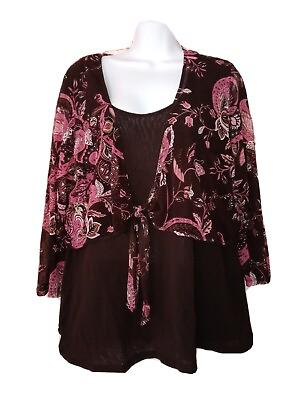 #ad Inc Macy#x27;s Top 3X Brown Pink Paisley Stretch Knit Boho Hippie Shirt Blouse 3XL $28.50