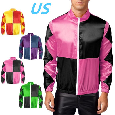 #ad US Mens Horse Race Costume Horse Trainer Satin Colorblock Zipper Jacket Coat $4.99