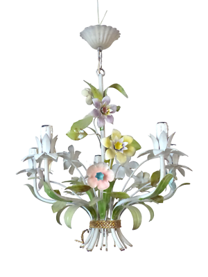 #ad #ad Charming Florentine Chandelier Ceiling Painted Metal Tole Flowers 60#x27;s Italian $620.00