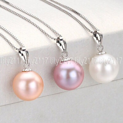 #ad 3pcs Beauty 14MM White Pink Purple Round Shell Pearl 925 Silver Pendant Necklace $6.02