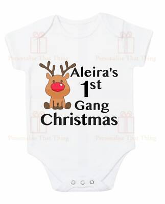#ad Personalised name cartoon reindeer first Christmas baby bodysuit outfit AU $24.00