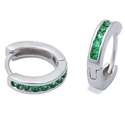 #ad Genuine Emerald Huggie Hoop Channel Set Earrings in Solid Sterling Silver $38.95