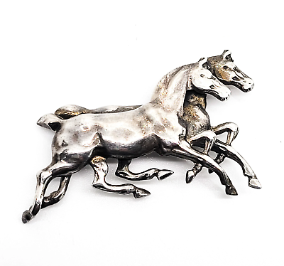 #ad Beau Sterling pair of running horses equestrian sterling silver vintage brooch $40.50