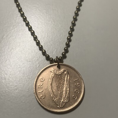 #ad 1966 Ireland ½ Phingin Coin Pendant Necklace Chain Irish Harp Dublin Lucky. A1 $16.99