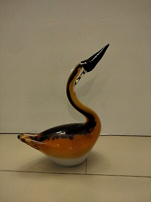 #ad Unique Vintage Hand Blown Murano Style Art Glass Gold Black Brown Swan 10quot; $45.00