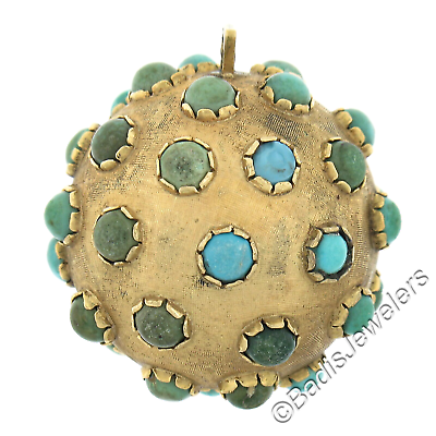 #ad Antique 18k Yellow Gold Turquoise Textured Sputnik Round Ball Charm Pendant $1118.40