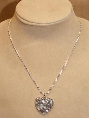 #ad 925 A Thailand Sterling MOP Marcasite Flower amp; Heart Pendant 18quot; Chain Necklace $65.00