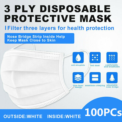 #ad 100 PCs Individually Wrapped White Disposable Face Mask 3Ply Earloop Mouth Cove $28.97