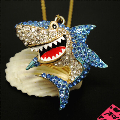#ad New Enamel Blue Crystal Cartoon Shark Fashion Women Pendant Sweater Necklace $3.86