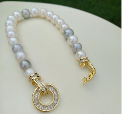 #ad AAA 7.5quot; 8quot; Natural South Sea Gray White Round Pearl Bracelet 14K FILLED GOLD $38.00