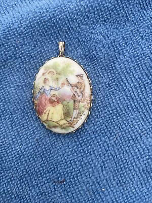 #ad Vintage Porcelain Pendant Courting Couple Hand Painted $10.00