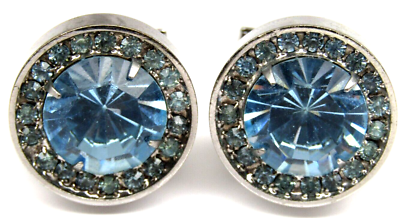 #ad Classy Silver Vintage Cufflinks Blue Rhinestones Round Mens Formal Wear $27.50